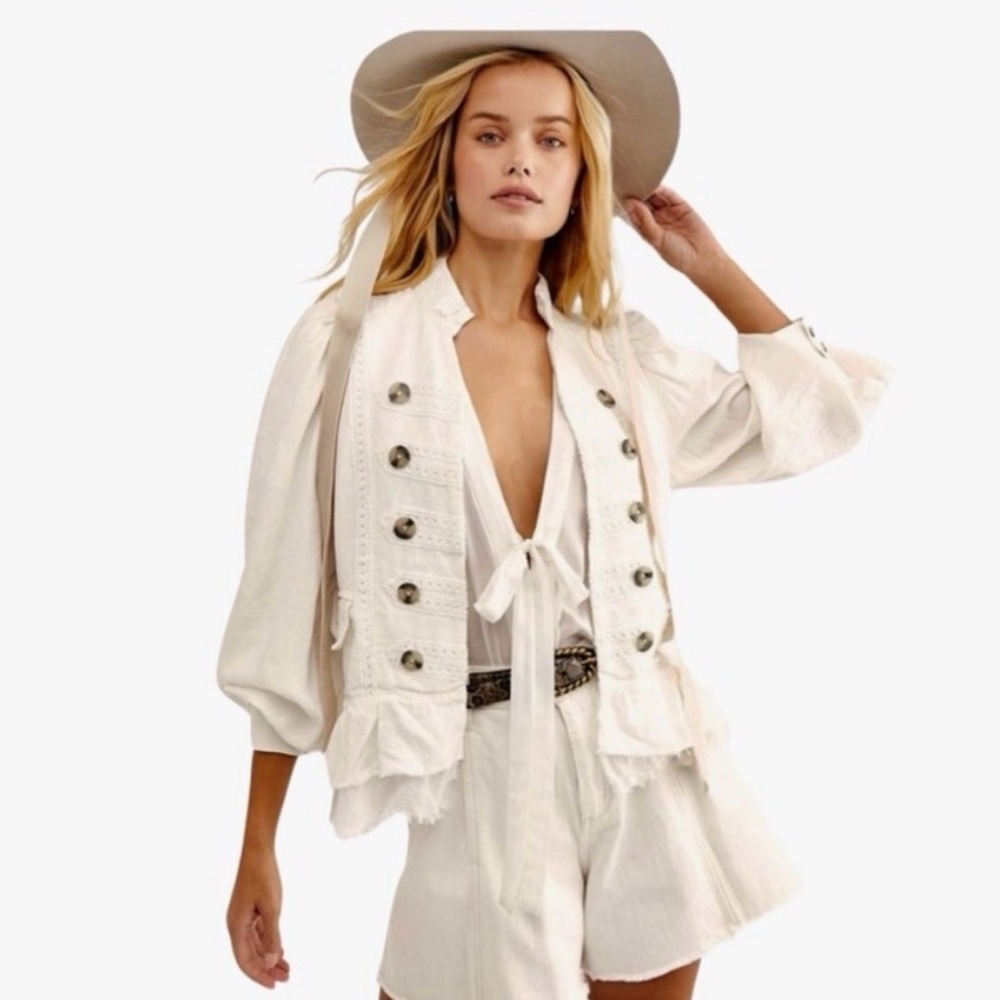 Free People‎ Ariana Lace Trim Linen Blend Jacket White Soft Raw Hem Boho Size XS